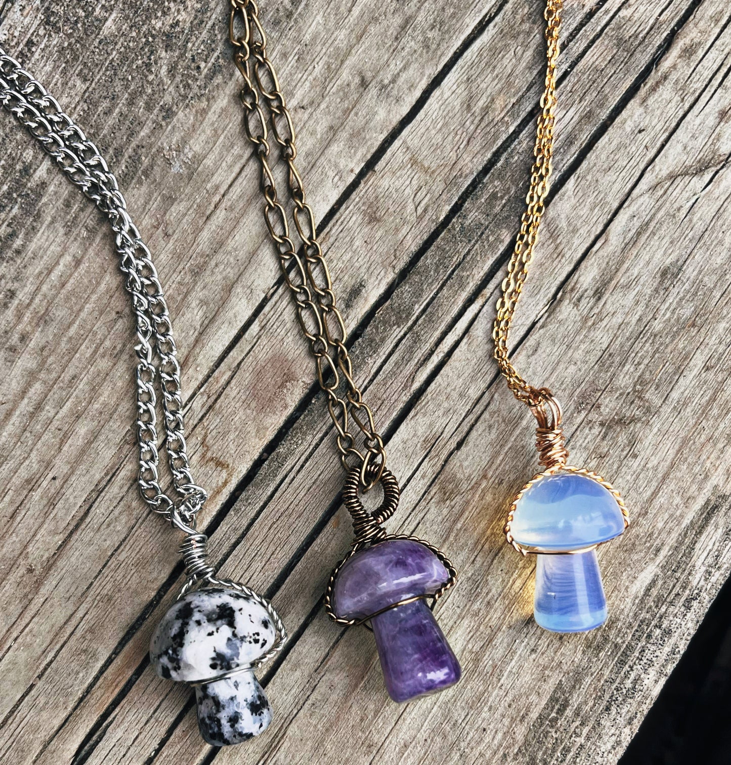 Wire wrapped Crystal mushroom necklaces