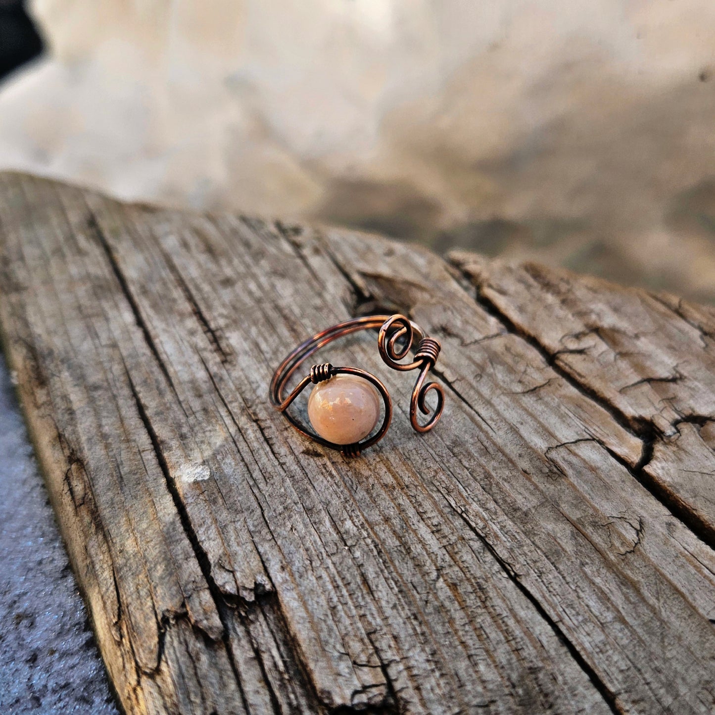Adjustable copper pink opal ring