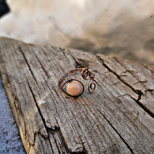 Adjustable copper pink opal ring