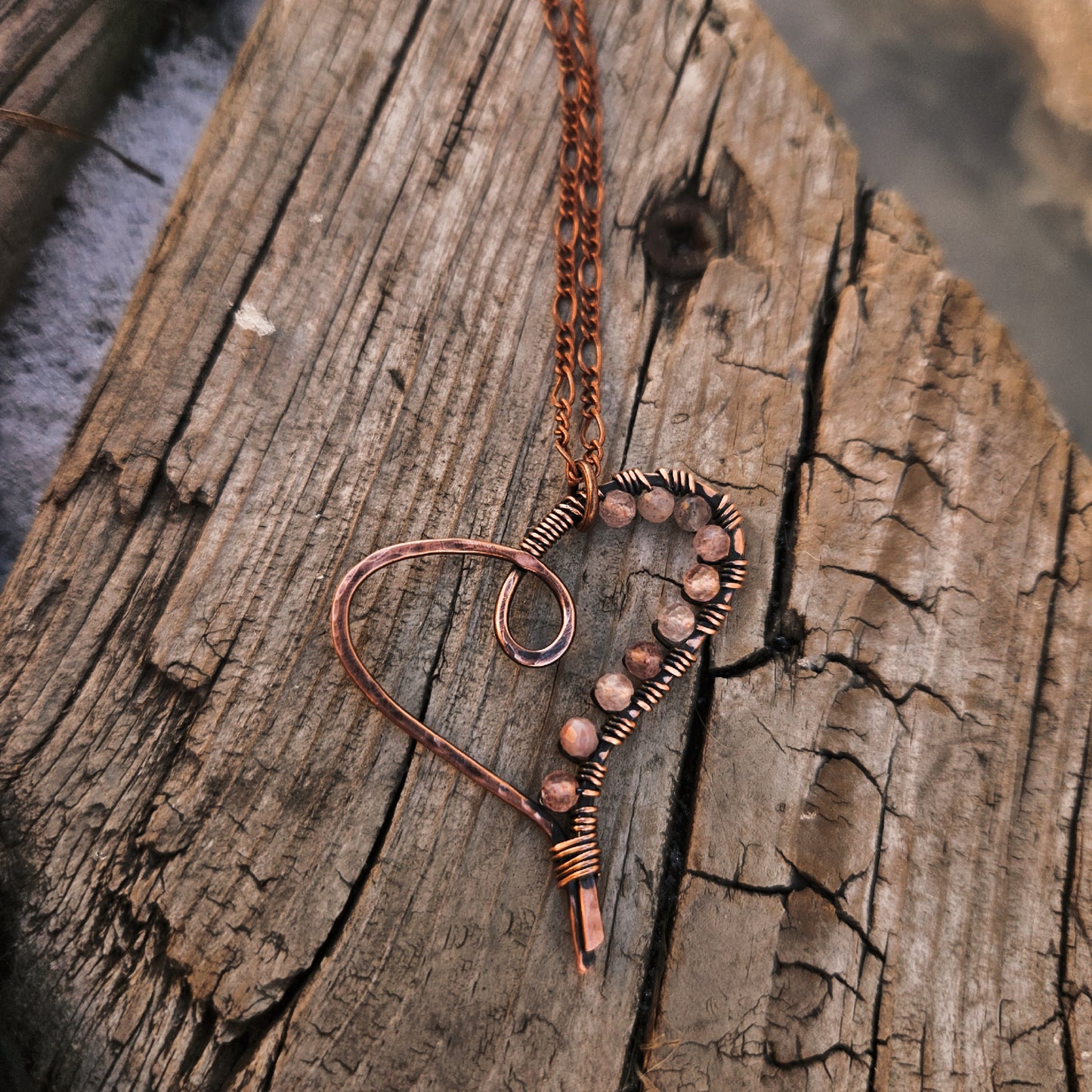 Antique copper wire strawberry quartz necklace