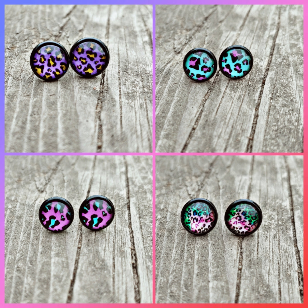 Neon leopard studs