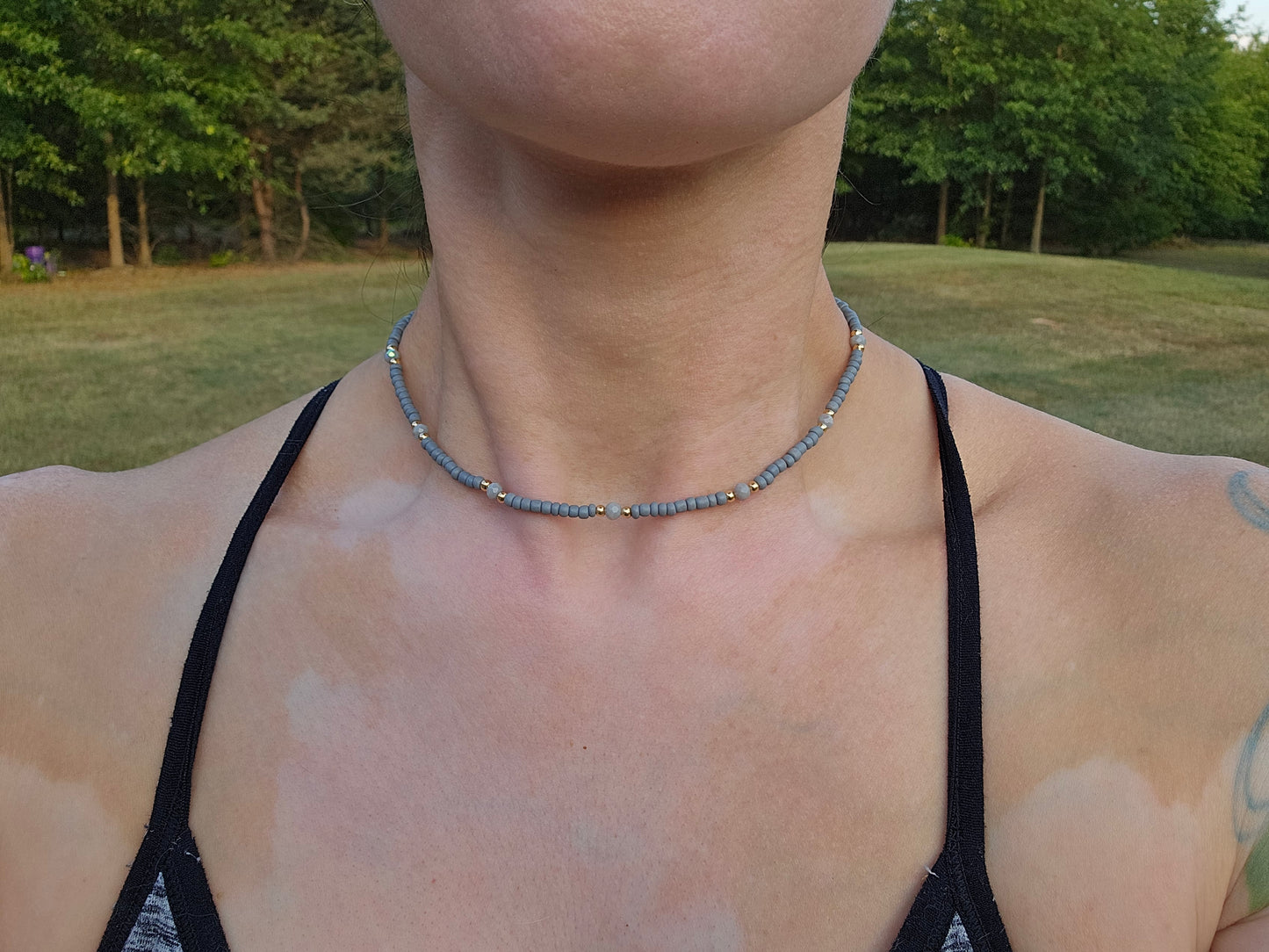 Blue seed bead choker