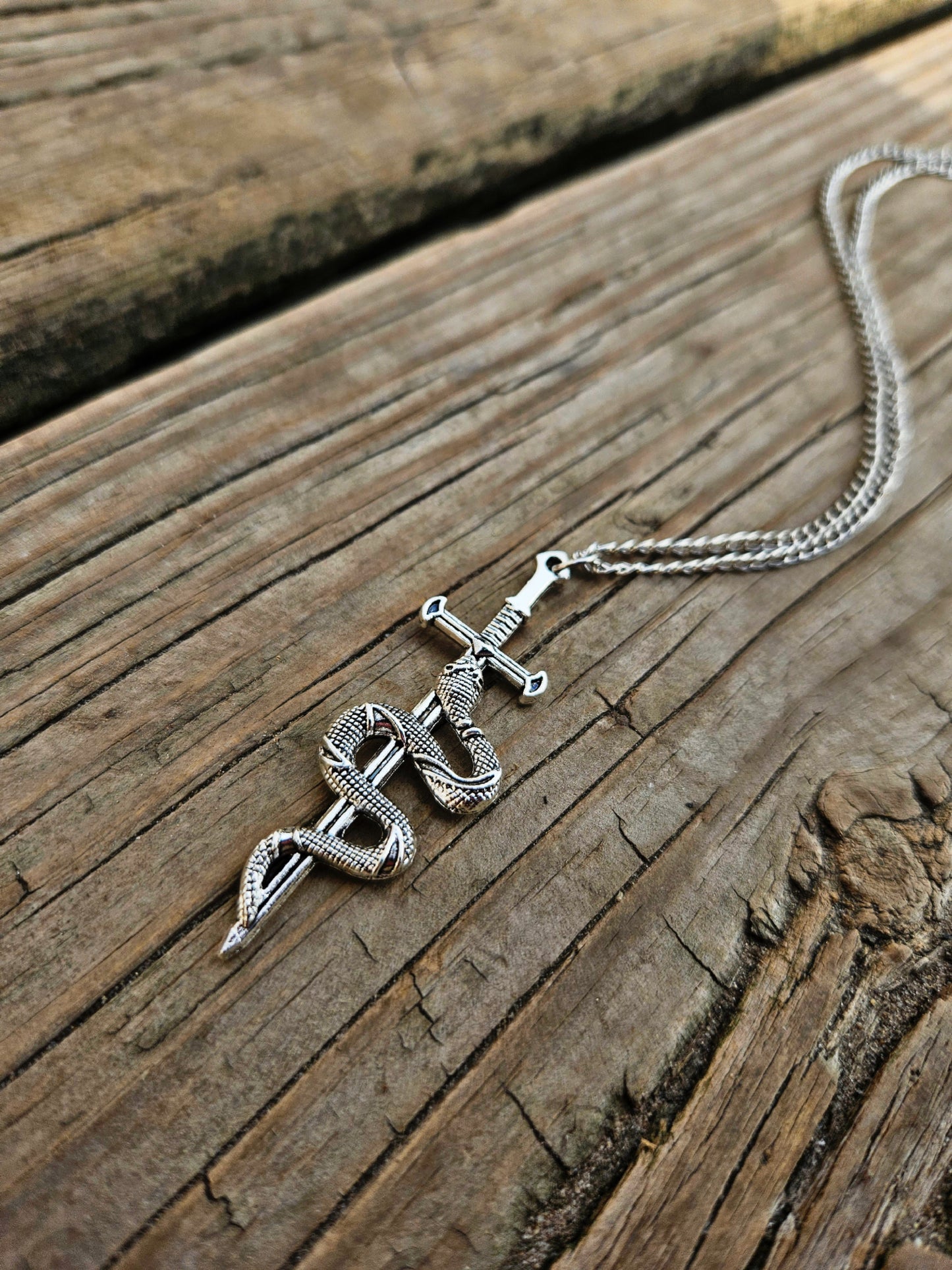 Silver snake/sword necklace