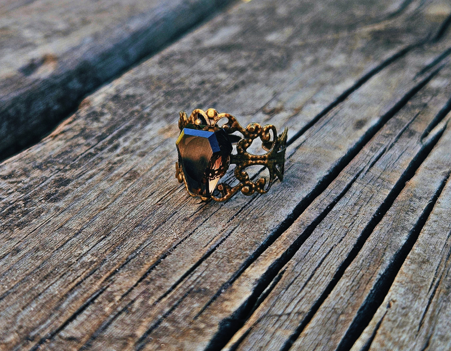 Smokey quartz adjustable coffin ring