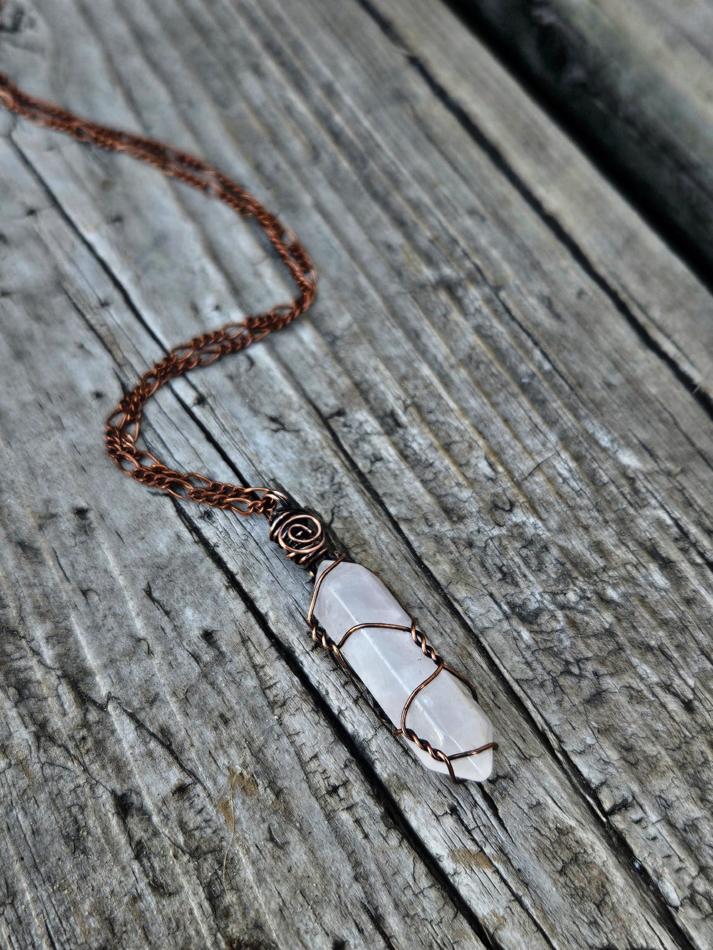 Wire wrapped rose quartz necklace