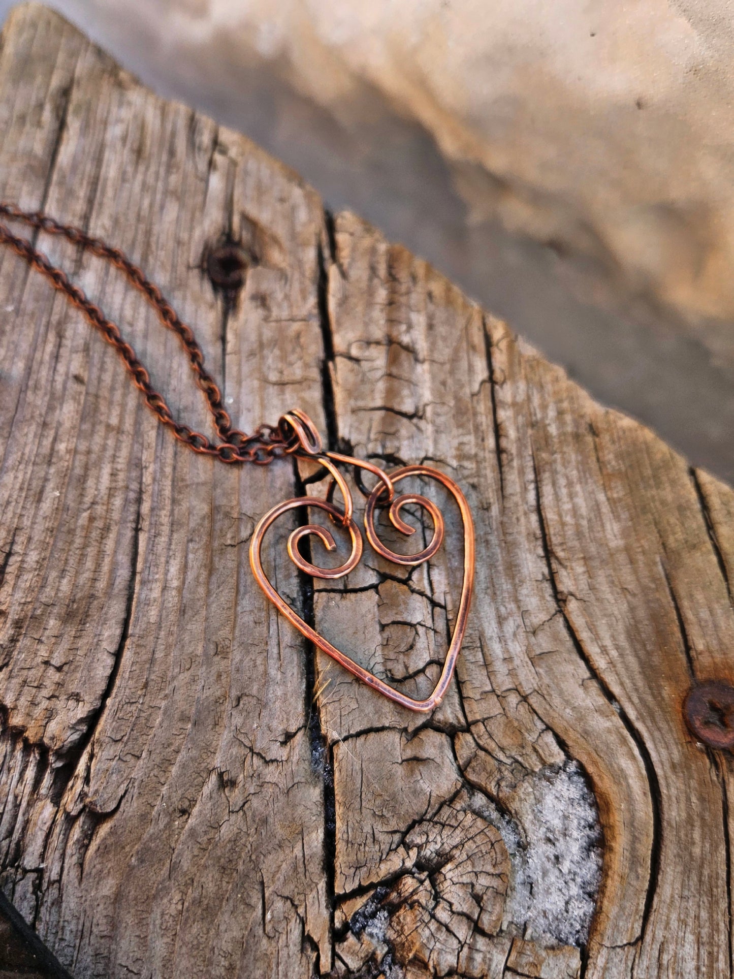 Antique copper wire heart necklace